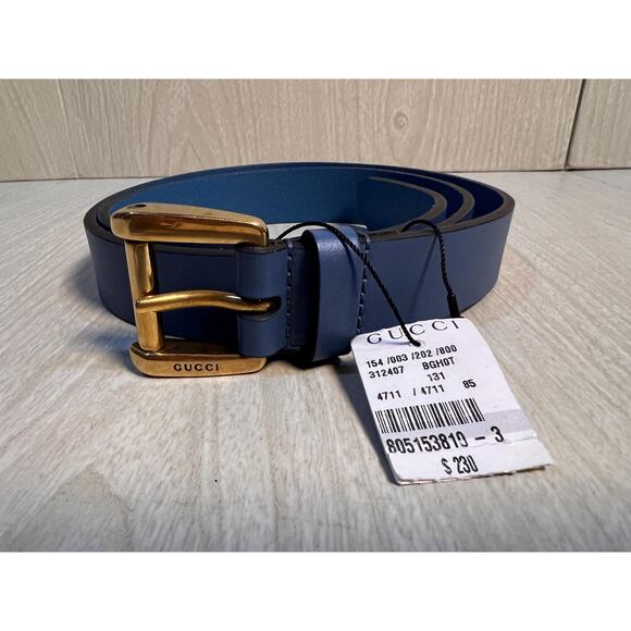 NWT Authentic Gucci Blue Leather Belt with Gold Buckle - Picture 2 of 10